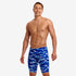 funky trunks jammers, mens tight swimming bottoms, blue camo colour, man standing in swim shorts with white background