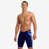 funky trunks jammers, mens tight swimming bottoms, navy with blue and red side panel, man standing in swim shorts with white background