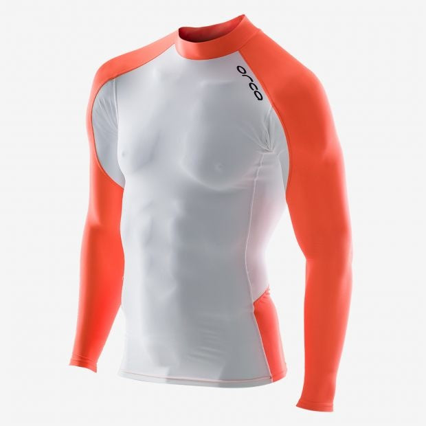 swim rash guard with long sleeves from orca swimwear, white with hi-vis orange sleeves