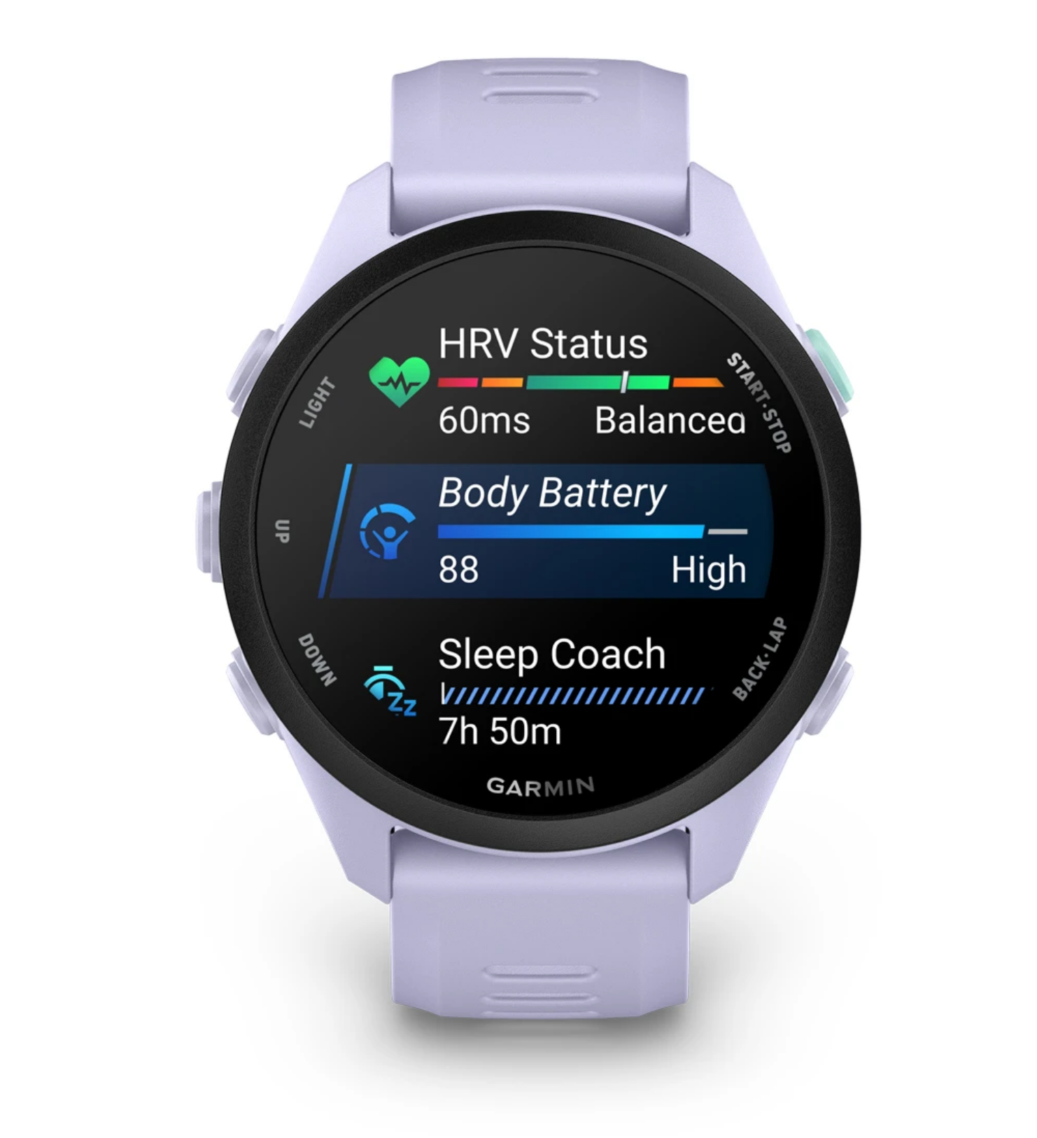 Garmin Forerunner 70, beginner smartwatch for running and activity tracking, light purple colour, body battery sleep coach and HRV status displayed on watch face