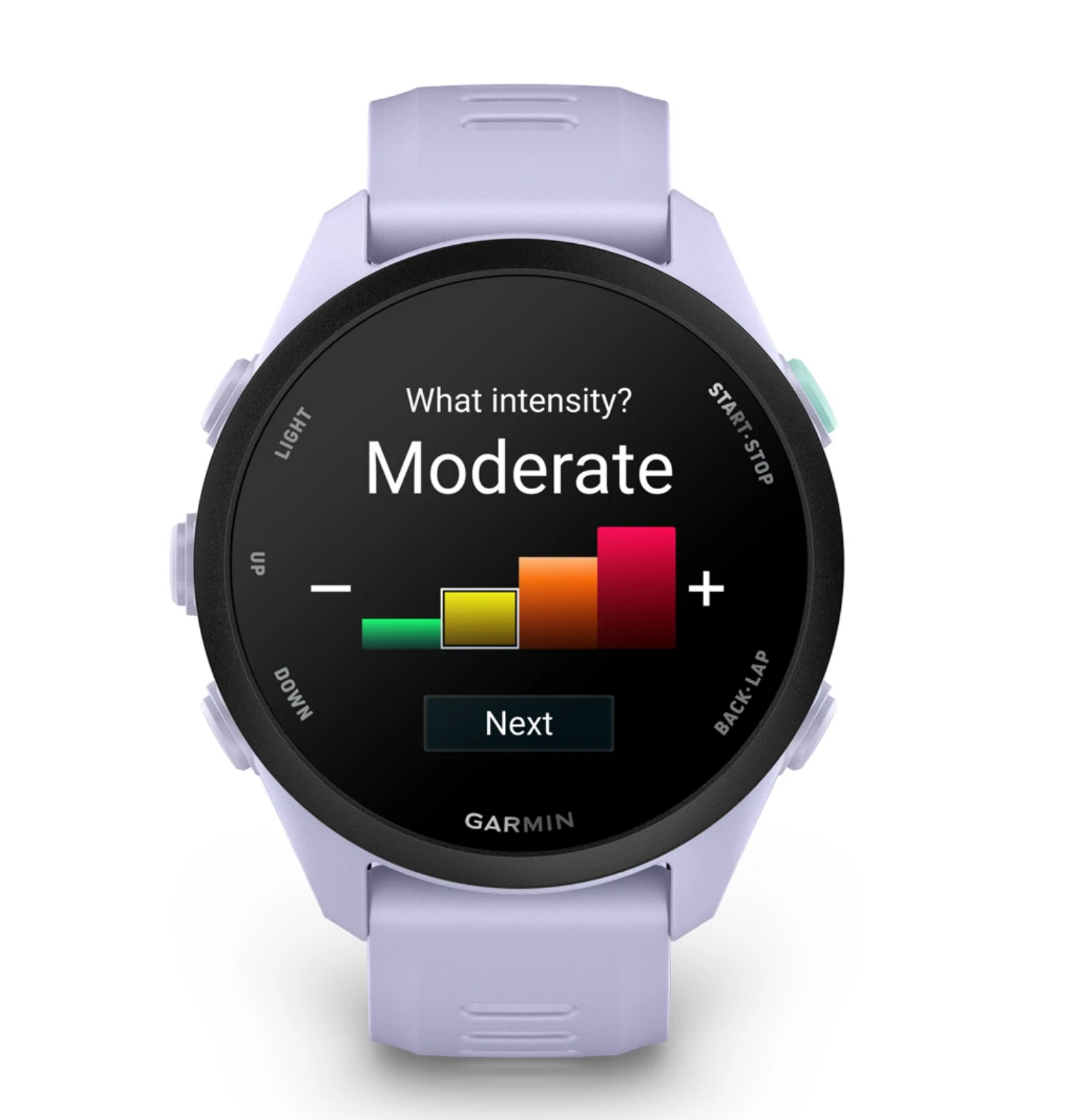 Garmin Forerunner 70, beginner smartwatch for running and activity tracking, light purple colour, intensity monitor display on face of watch 
