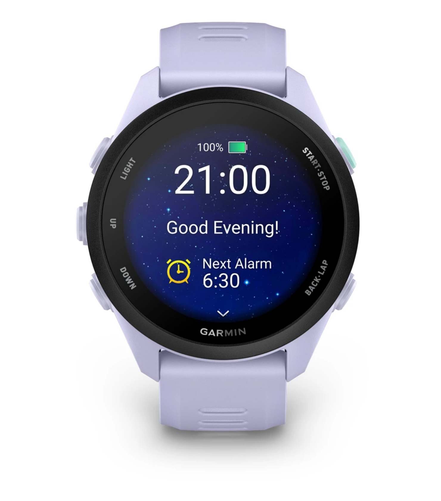 Garmin Forerunner 70, beginner smartwatch for running and activity tracking, light purple colour, night time setting with alarm on face of watch 