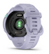 Garmin Forerunner 70, beginner smartwatch for running and activity tracking, light purple colour, back of watch with green sensor and charging port