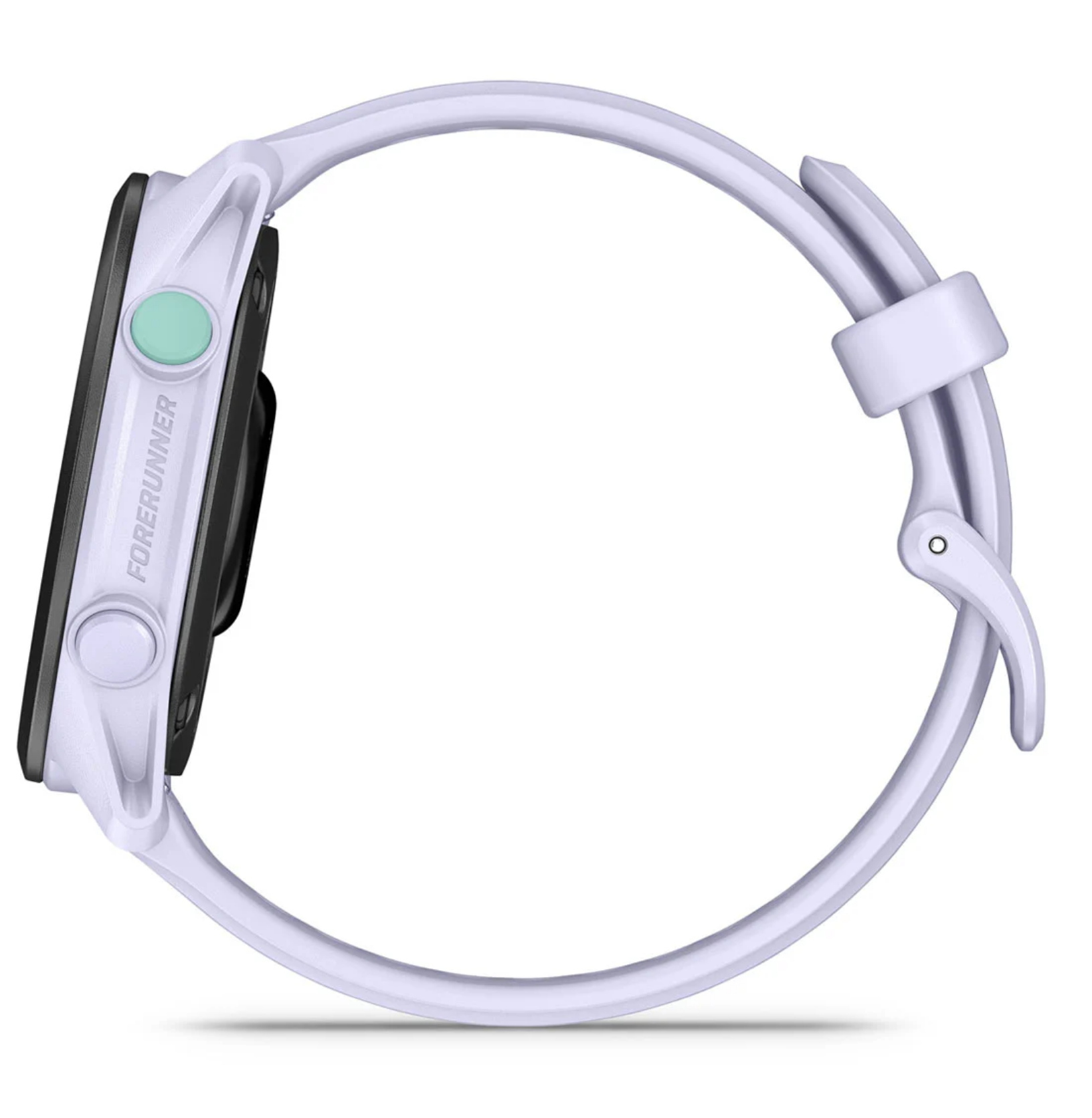 Garmin Forerunner 70, beginner smartwatch for running and activity tracking, light purple colour, side profile of watch with light green and purple buttons