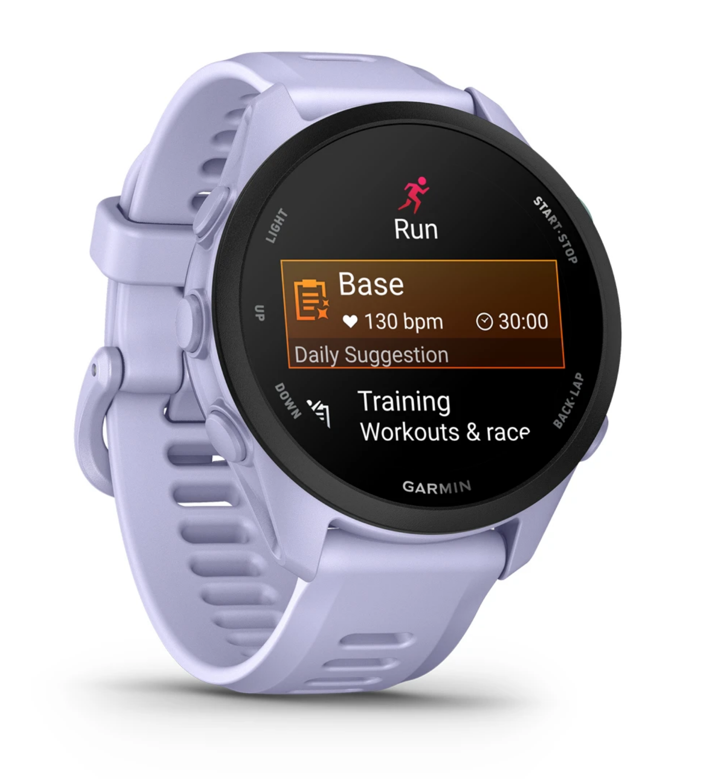 Garmin Forerunner 70, beginner smartwatch for running and activity tracking, light purple colour, run setting on watch face