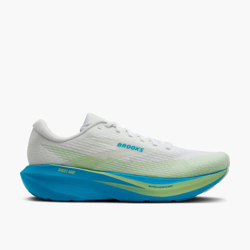 Brooks Ghost Amp Mens with a blue sole and white upper with patches of green. lightweight running shoe engineered with responsive technology for a springy, energised ride.