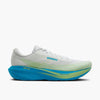 Brooks Ghost Amp Mens with a blue sole and white upper with patches of green. lightweight running shoe engineered with responsive technology for a springy, energised ride.