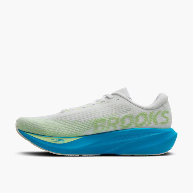 Brooks Ghost Amp Mens with a blue sole and white upper with patches of green. lightweight running shoe engineered with responsive technology for a springy, energised ride.