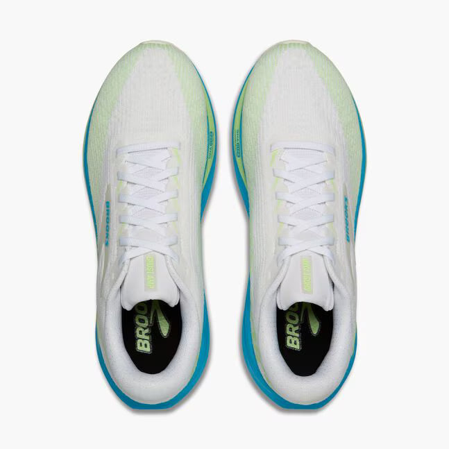 Brooks Ghost Amp Mens with a blue sole and white upper with patches of green. lightweight running shoe engineered with responsive technology for a springy, energised ride.