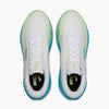 Brooks Ghost Amp Mens with a blue sole and white upper with patches of green. lightweight running shoe engineered with responsive technology for a springy, energised ride.