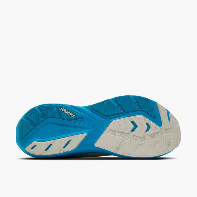 Brooks Ghost Amp Mens with a blue sole and white upper with patches of green. lightweight running shoe engineered with responsive technology for a springy, energised ride.