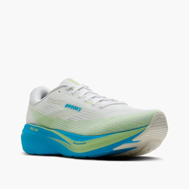 Brooks Ghost Amp Mens with a blue sole and white upper with patches of green. lightweight running shoe engineered with responsive technology for a springy, energised ride.