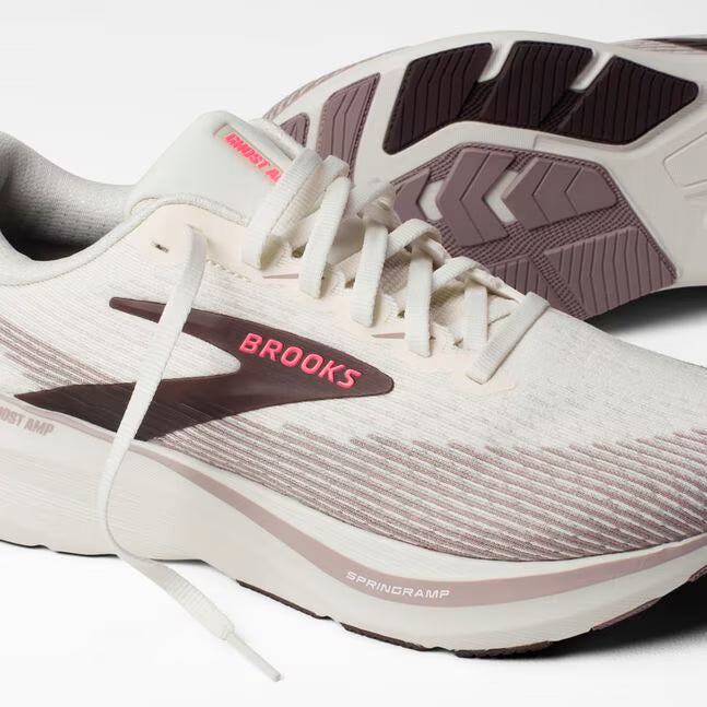 womens ghost amp with a grey sole and upper with hints of a light purple. Lightweight running shoe engineered with responsive technology for a springy, energised ride.