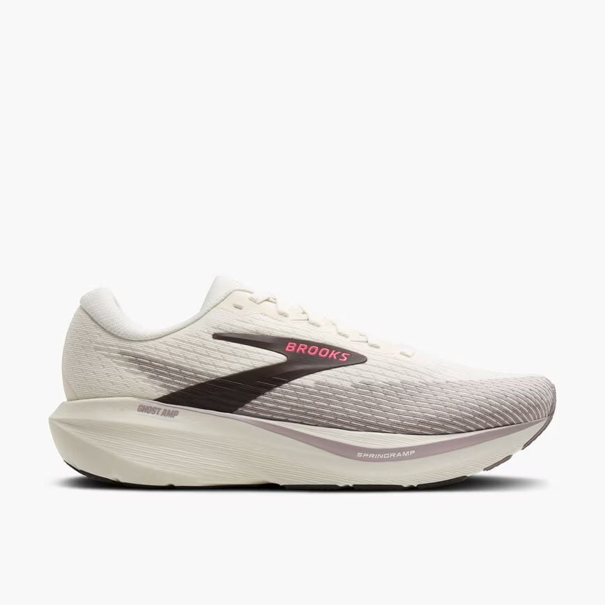 womens brooks ghost amp with a grey sole and upper with hints of a light purple. Lightweight running shoe engineered with responsive technology for a springy, energised ride.