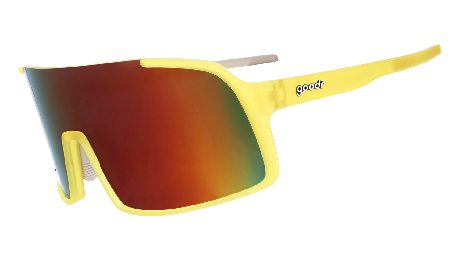 goodr astro g wrap sunglasses for running and casual wear, no slip, no bounce sunglasses, yellow frame with mirrored reflective lenses, sunglasses shown on a white background