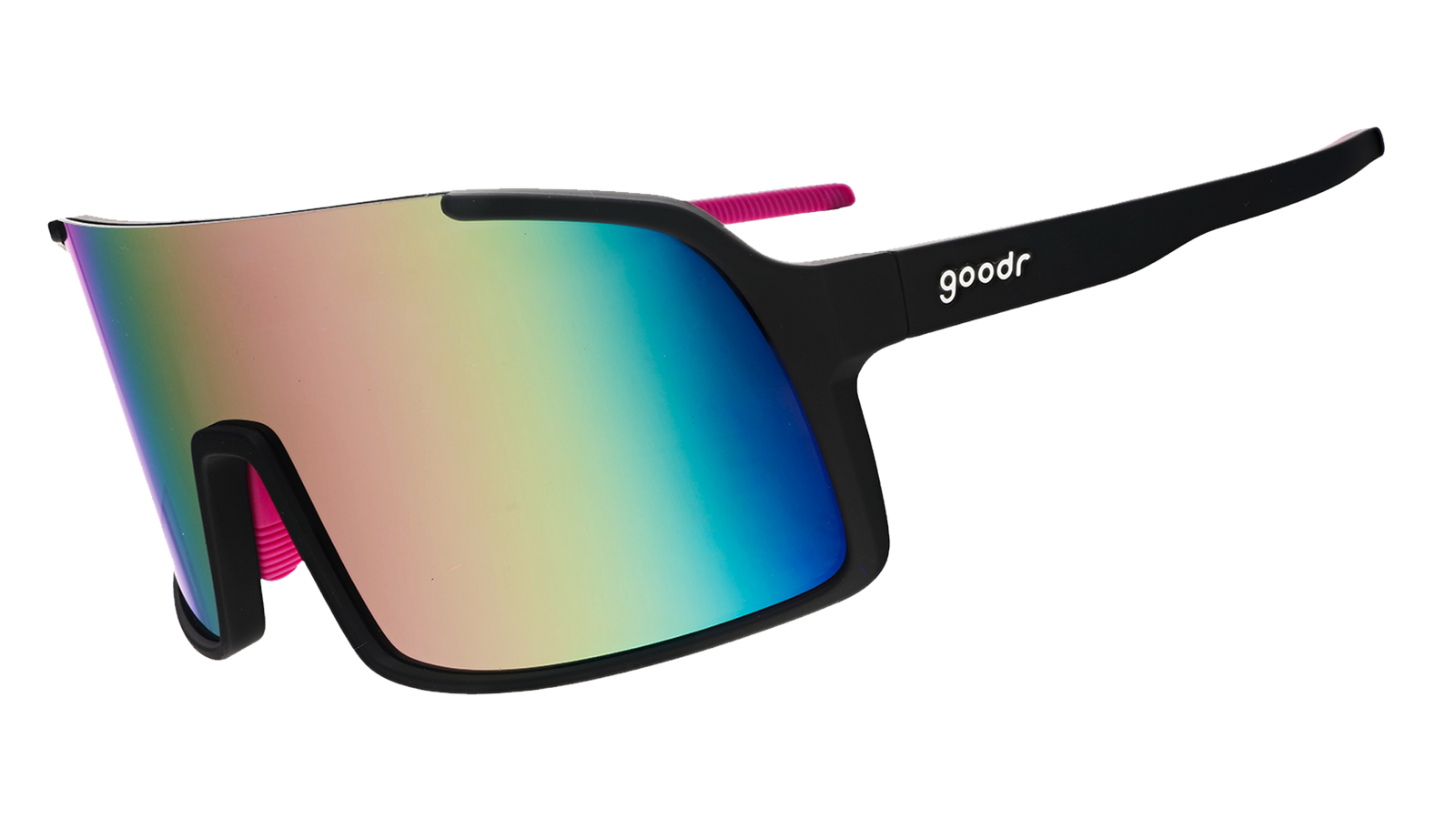 goodr astro g wrap sunglasses for running and casual wear, no slip, no bounce sunglasses, black frame with mirrored reflective lenses, sunglasses shown on a white background