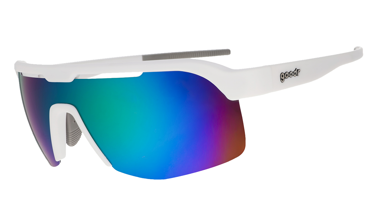 goodr bolt g all gender sunglasses for active wear, white with mirrored reflective lenses