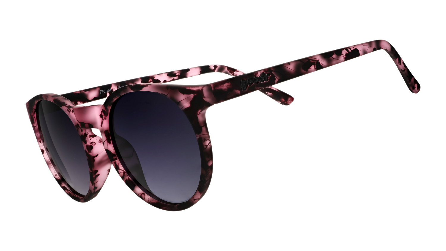 goodr circle g sunglasses with pink tortoiseshell frame and dark lenses