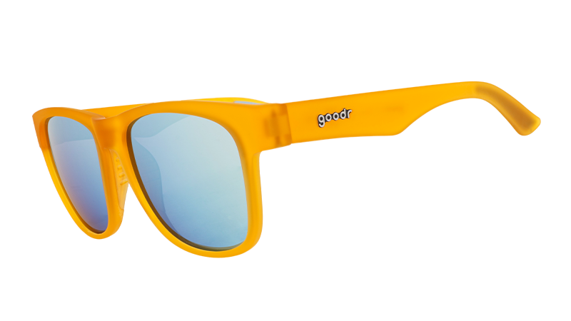 Yellow goodr sunglasses with blue lenses