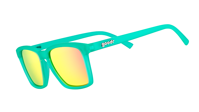Green goodr sunglasses with yellow and pink lenses