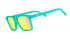 Green goodr sunglasses with yellow and pink lenses