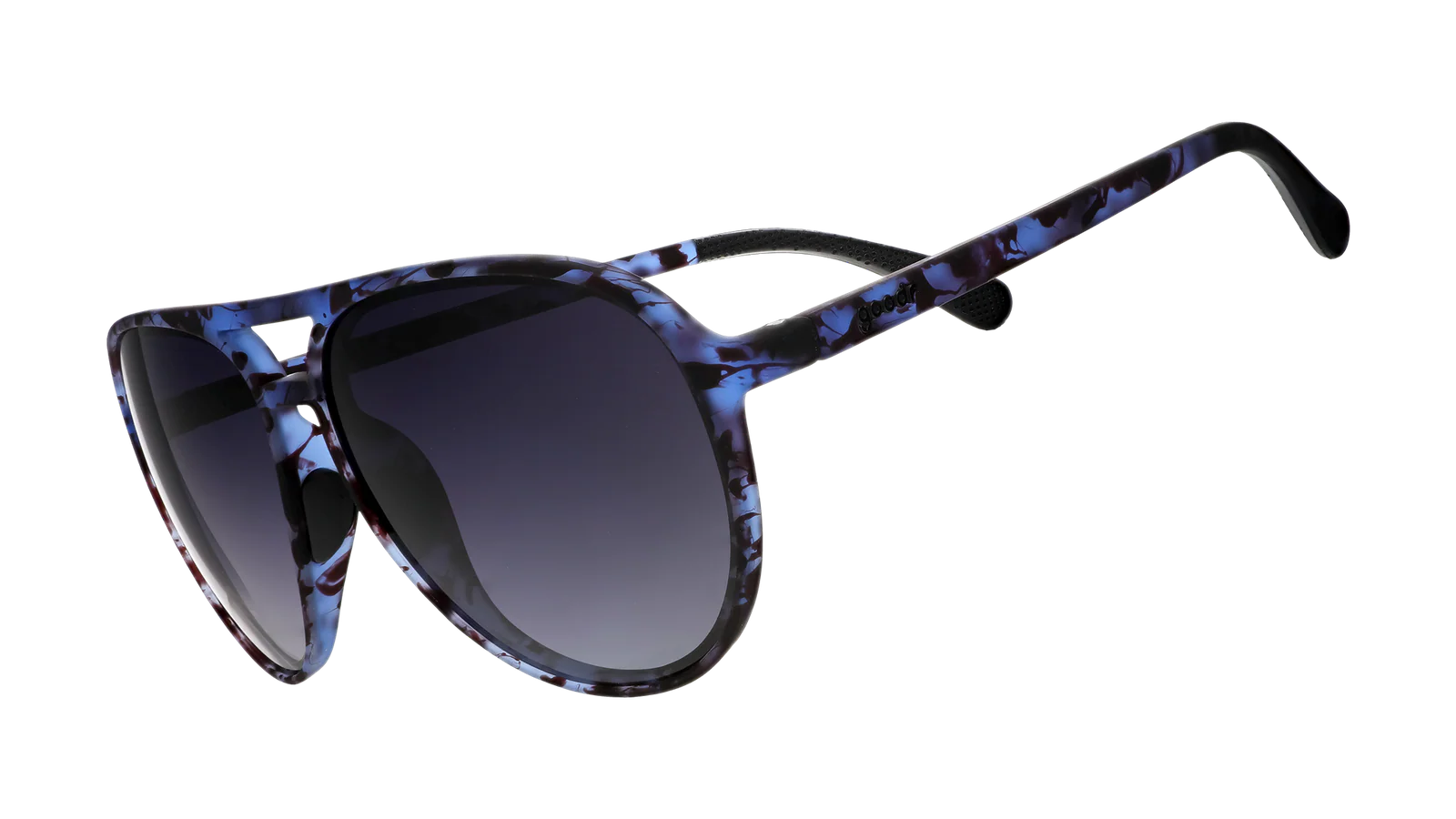 goodr mach g sunglasses with blue and black patterned frame on a white background
