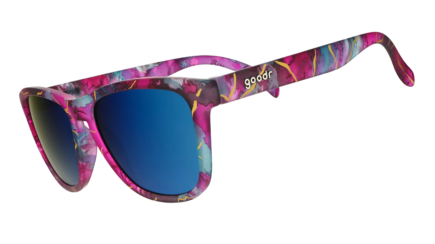 Goodr og sunglasses with colorful blue and pink marbled frame and blue lenses 