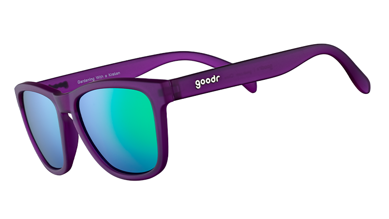 Purple goodr og sunglasses with blue-tinted lenses