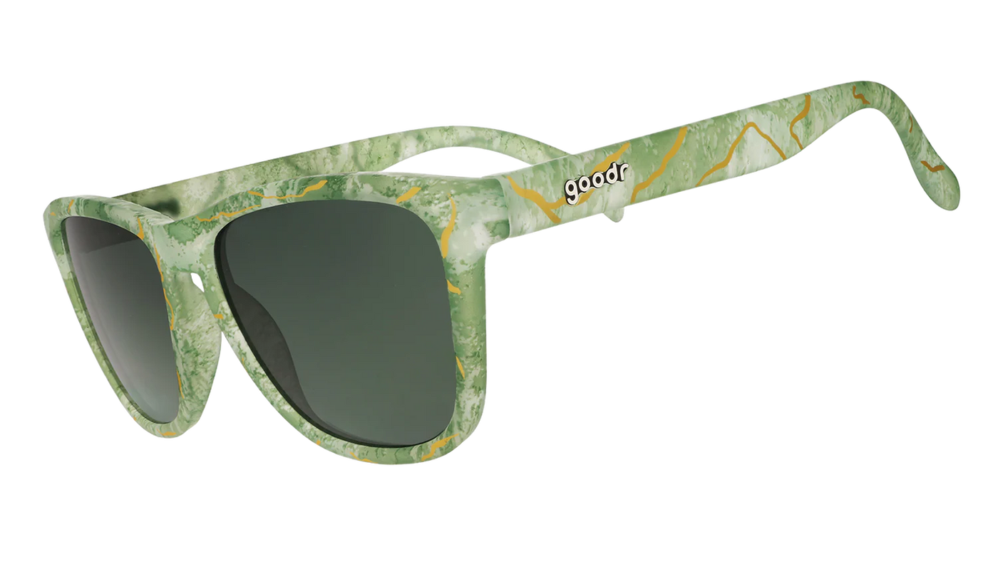 goodr og, green sunglasses with gold detail
