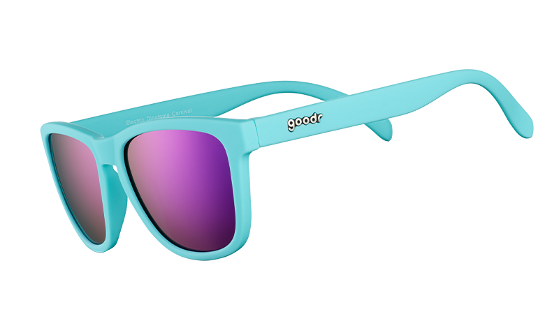 Turquoise sunglasses with pink lenses on a white background