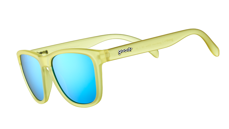 yellow sunglasses with blue reflective lens, sunglasses for running, on a white background