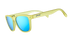 yellow sunglasses with blue reflective lens, sunglasses for running, on a white background