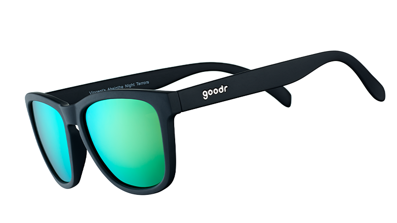 Goodr Og, black sunglasses with green lenses on a white background