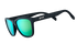 Goodr Og, black sunglasses with green lenses on a white background