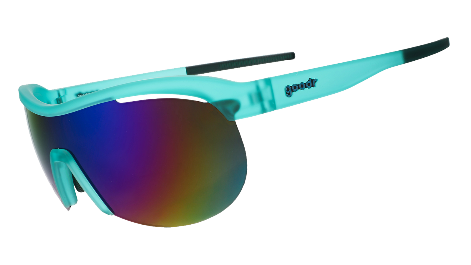 goodr sonic g wrap sunglasses for running with frame vents, teal frame with mirrored reflective lenses, sunglasses on a white background