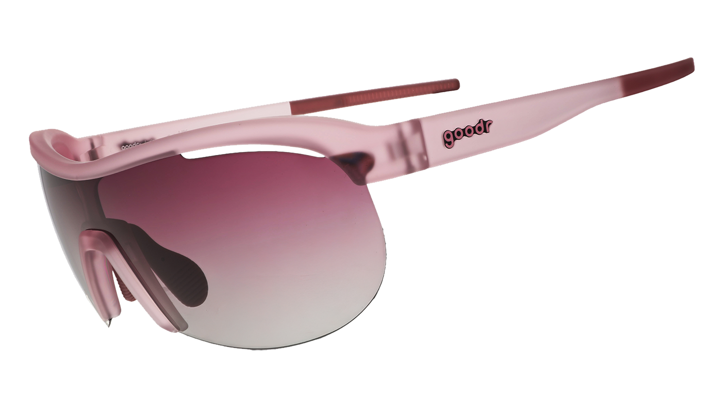 goodr sonic g wrap sunglasses for running with frame vents, light pink frame with gradient purple lenses, sunglasses on a white background