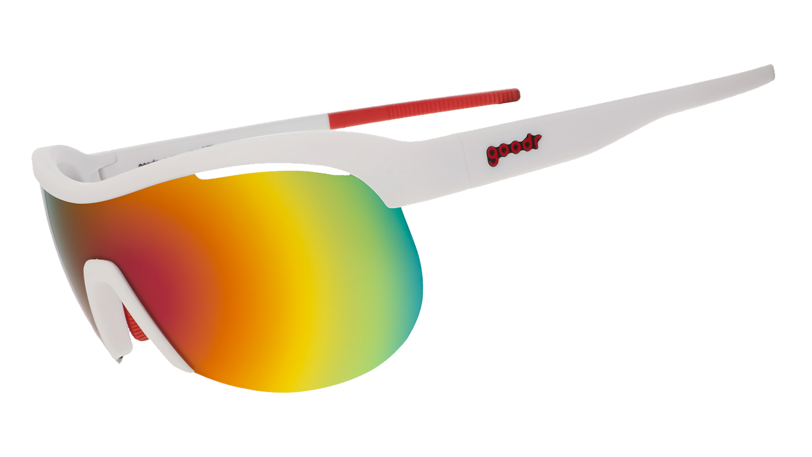 goodr sonic g wrap sunglasses for running with frame vents, white frame with mirrored reflective lenses, sunglasses on a white background
