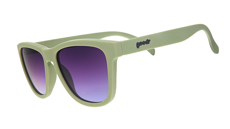 Teal goodr og sunglasses with purple lenses