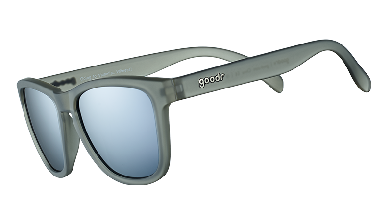 grey and chrome sunglasses with mirror reflective lenses, unisex sunglasses for running on a white background