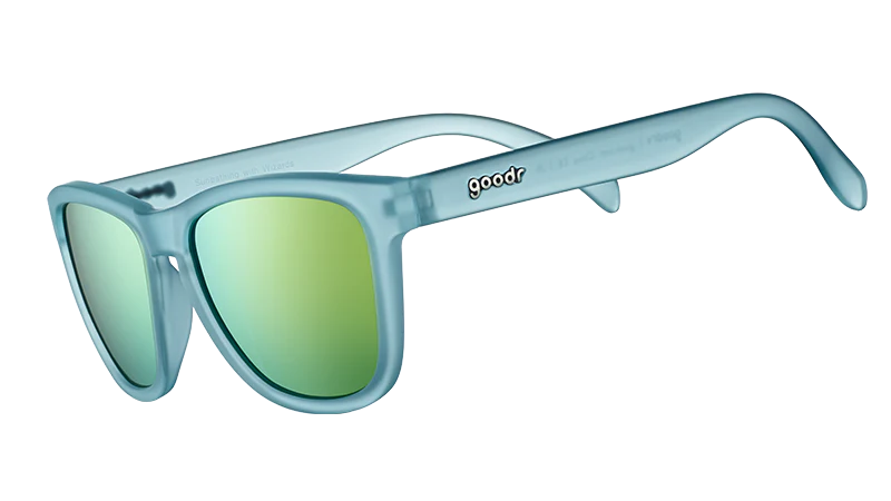 blue and gold unisex sunglasses for running, on a white background