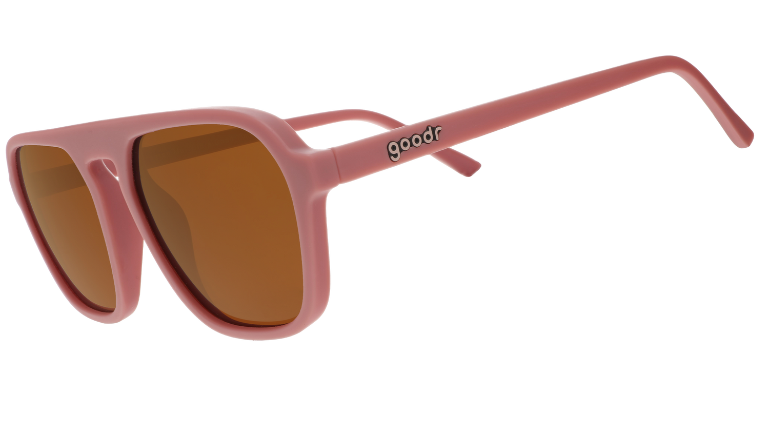 Goodr Pink sunglasses with brown lenses on a white background