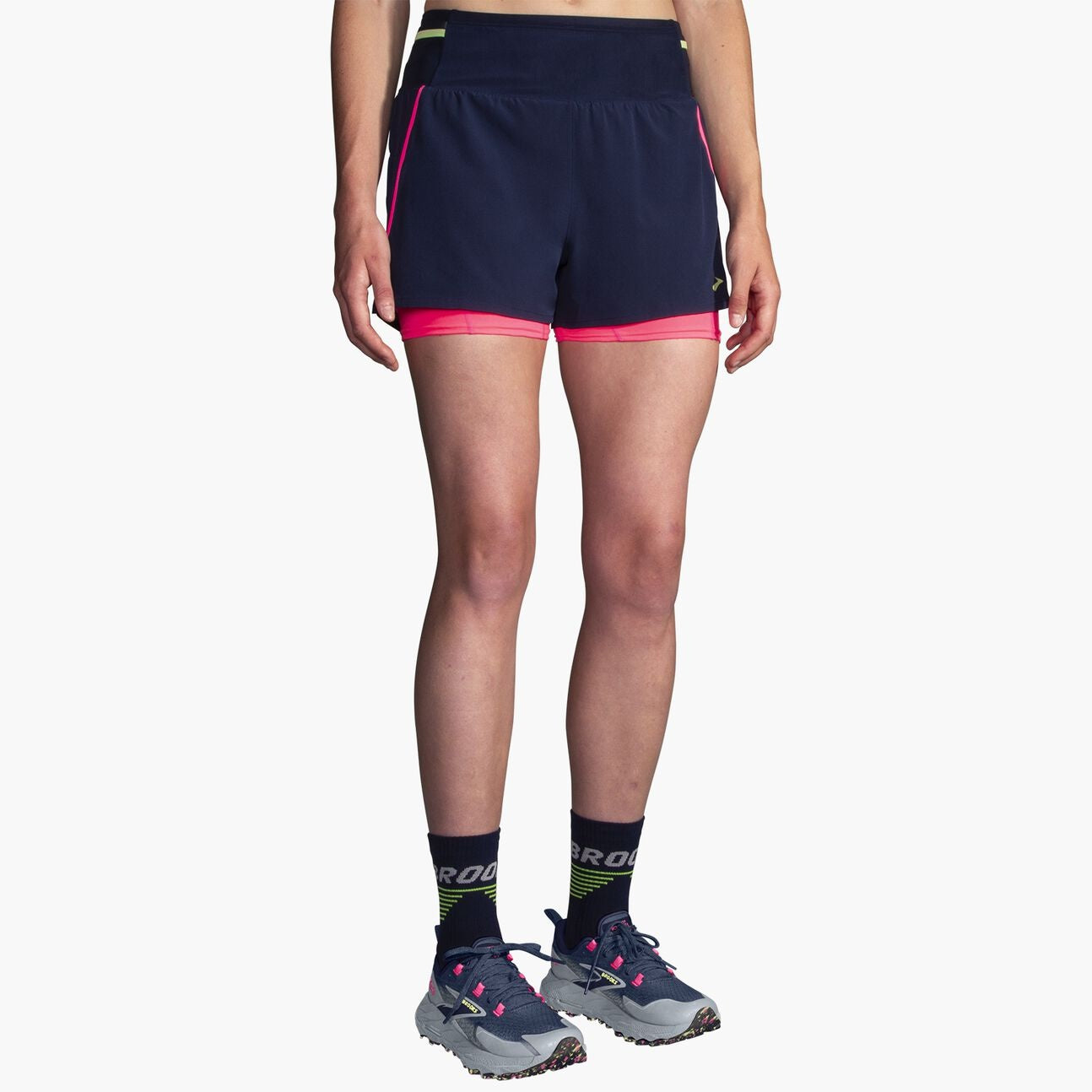 Brooks High Point Women's Trail Shorts with pockets and storage, navy and pink