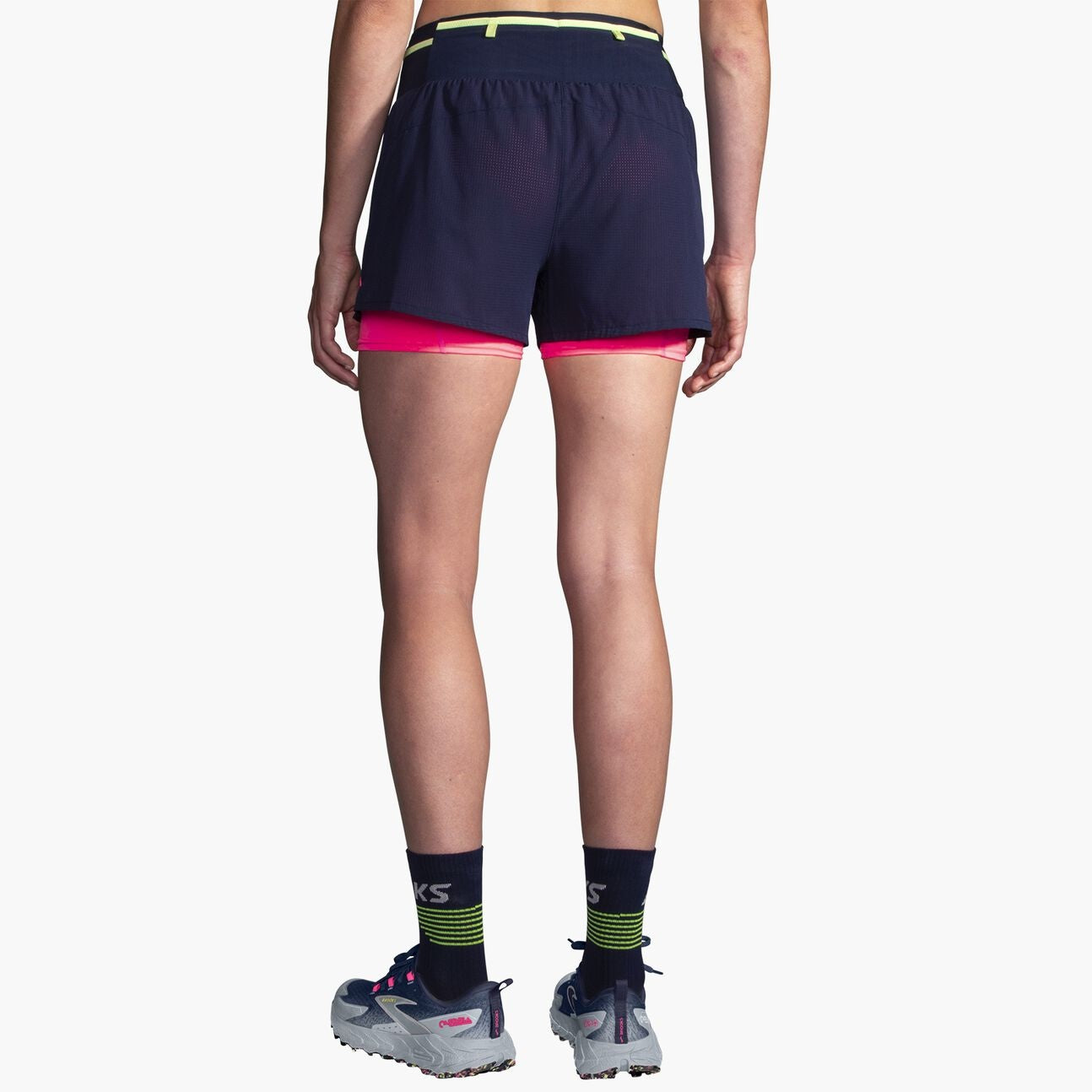 Brooks High Point Women's Trail Shorts with pockets and storage, navy and pink