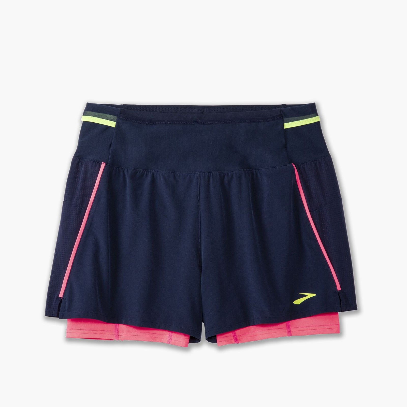 Brooks High Point Women's Trail Shorts with pockets and storage, navy and pink