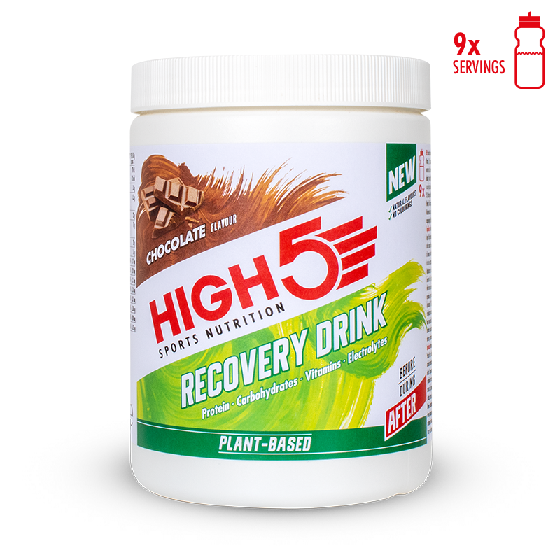 Tub of 450 gram high 5 recovery drink powder chocolate plant based 