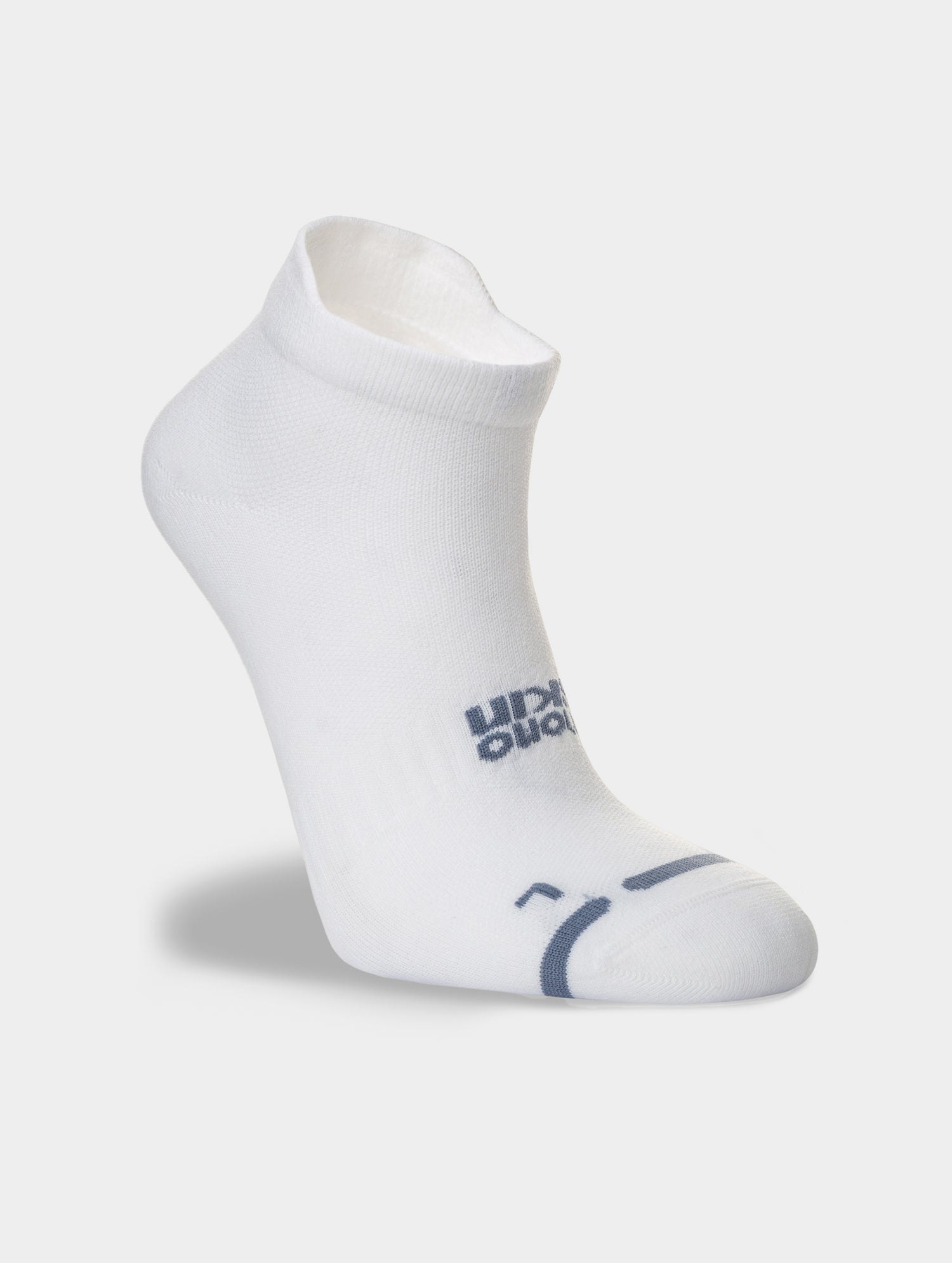 hilly active socklet zero cushion, running socks with no cushioning white with small grey details, close up front of sock