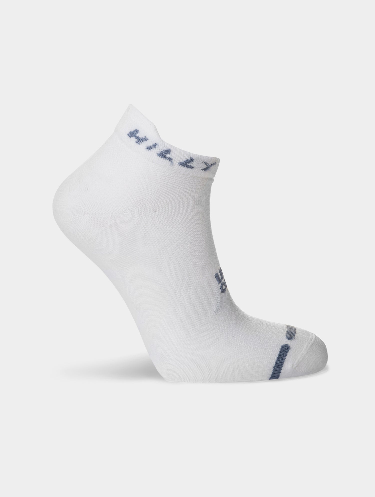 hilly active socklet zero cushion, running socks with no cushioning white with small grey details, side of sock with hilly logo on ankle