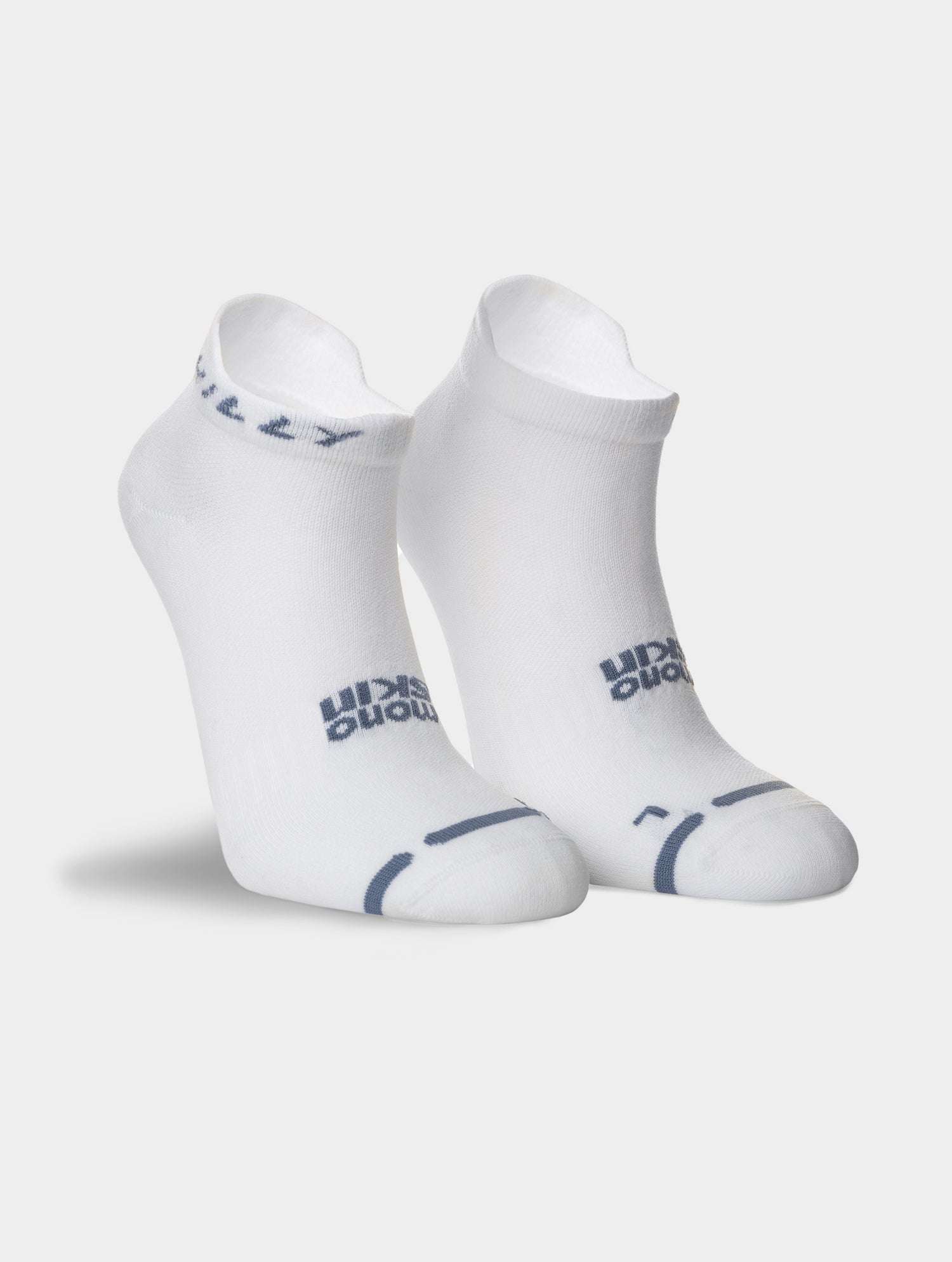 hilly active socklet zero cushion, running socks with no cushioning white with small grey details, front of pair of socks