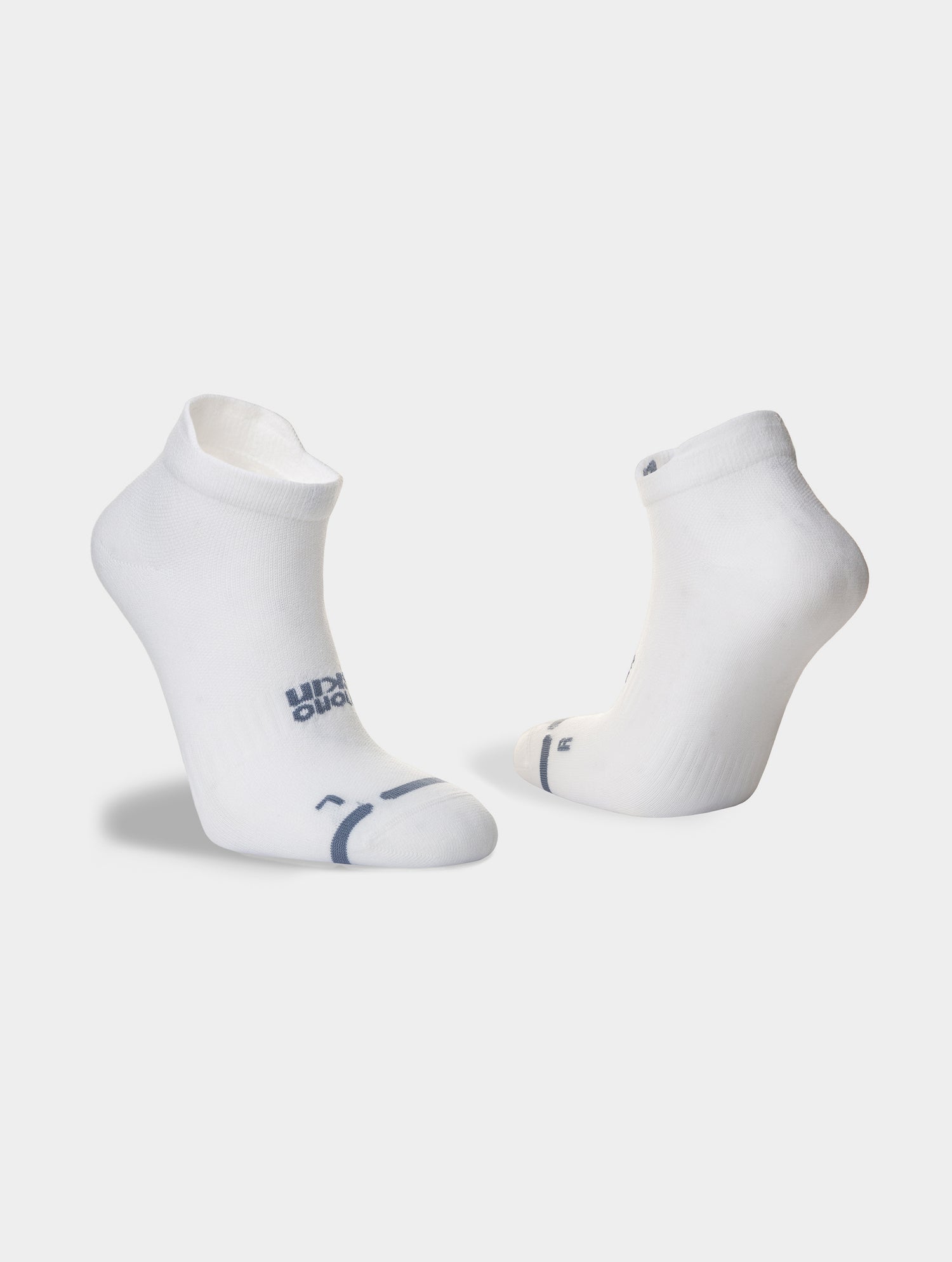 hilly active socklet zero cushion, running socks with no cushioning white with small grey details, front and back of socks