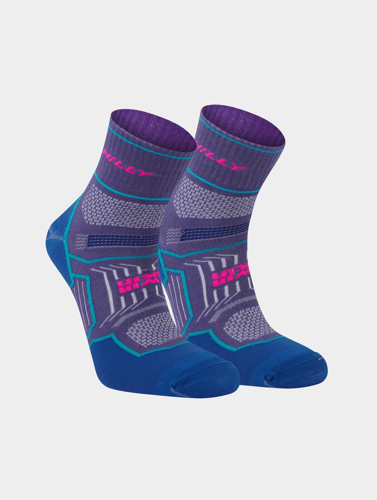 pair of hilly twin skin socks, anti-blister double layered sock for running on a white background, blue and purple colour